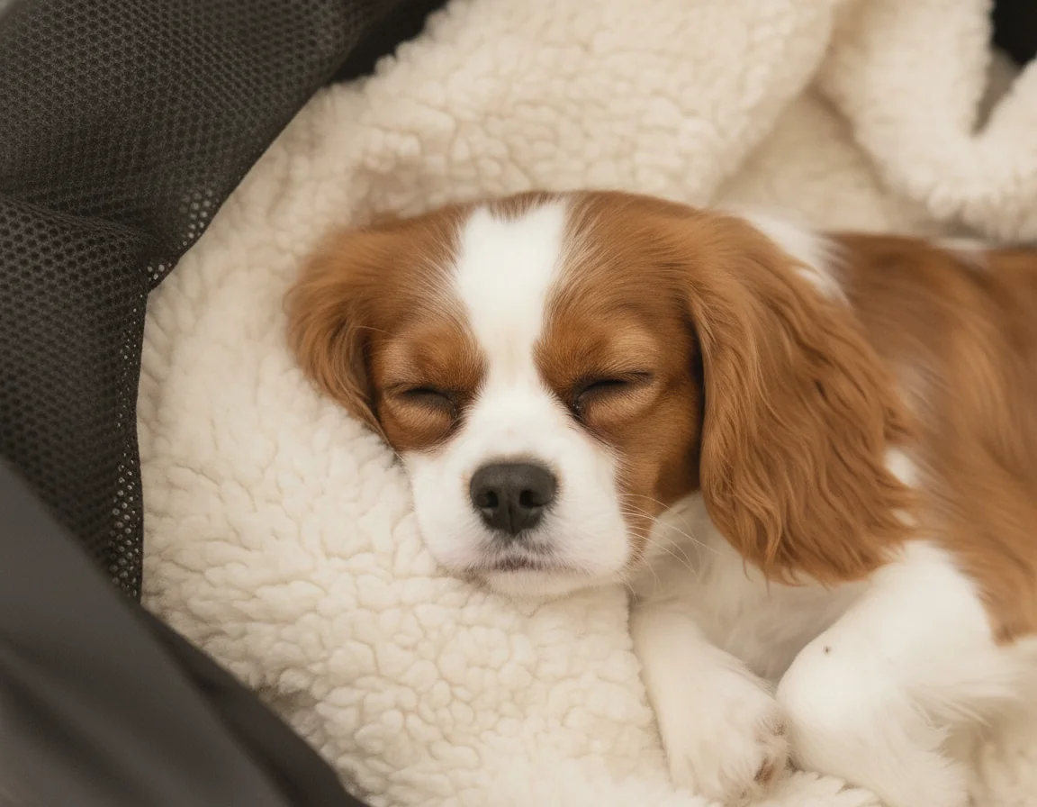 Dog's head resting calmly on the soft bed surface in the MOON Dog buggy