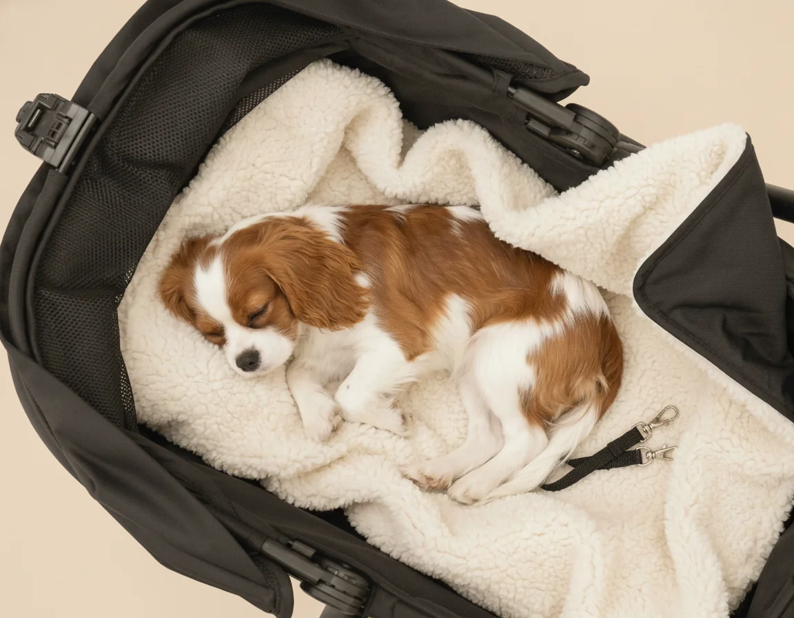 Dog sleeping comfortably on the sherpa bed in the MOON Dog buggy