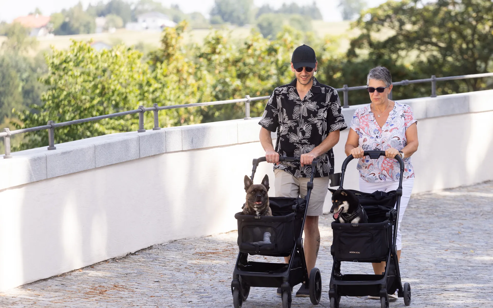 Two owners pushing their MOON Dog buggies along a path, a dog riding in each