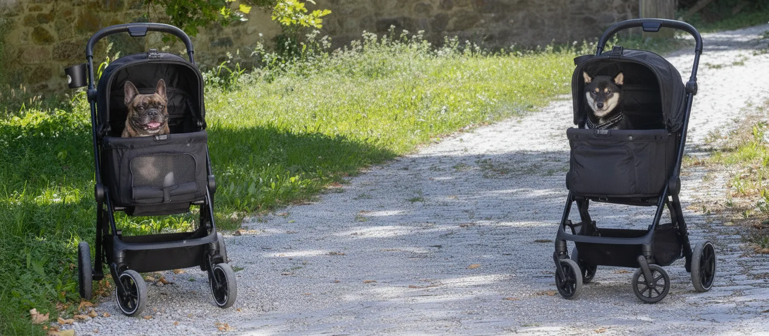 Two MOON Dog buggies side by side on a gravel path, a dog in each