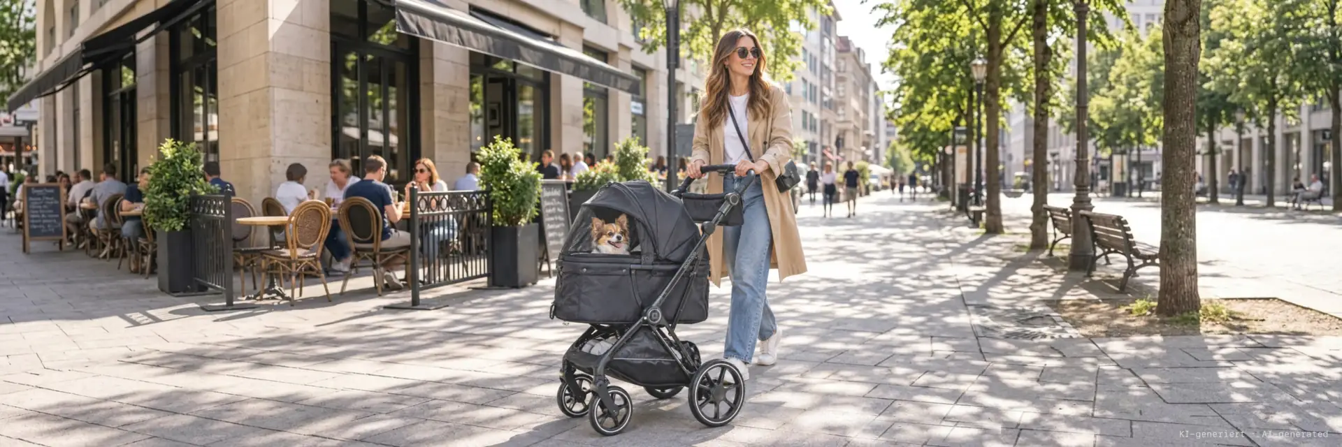 MOON Dog motif for Dog World Munich: woman pushing a small dog in the MOON Dog Country dog stroller along a shopping street
