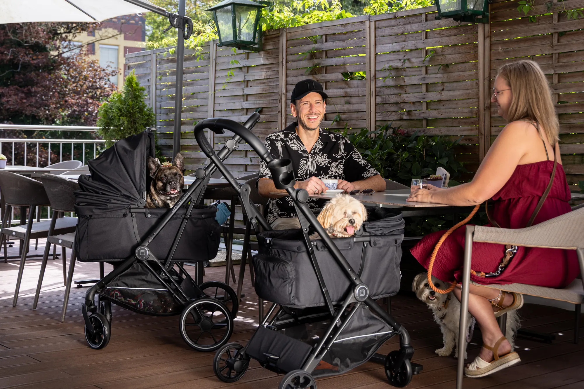 Zwei MOON Dog Hundebuggys auf einer Caféterrasse, in beiden liegt ein Hund