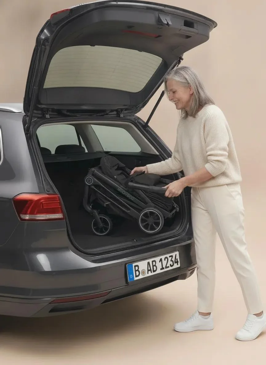 Owner lifting the folded MOON Dog Country dog buggy into the boot of an estate car